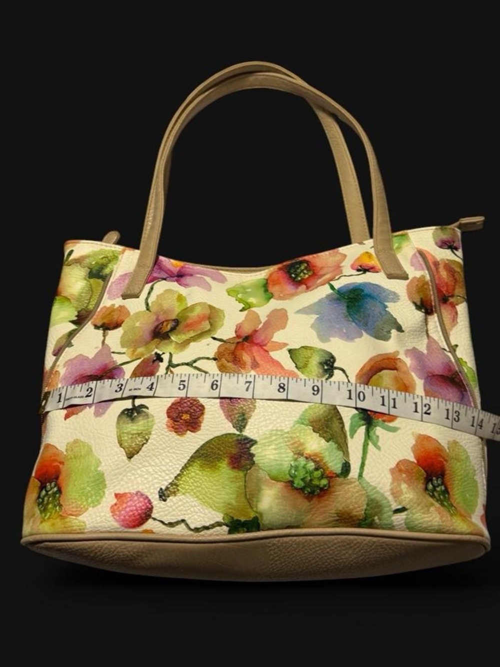 Women's Floral Watercolor Tote Bag in Cream with Multicolor Blooms